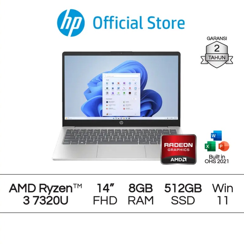 Laptop HP AMD Ryzen 3 Radeon 8GB RAM 512GB SSD Windows 11 Home 14 Inch Garansi 2 Tahun Official 